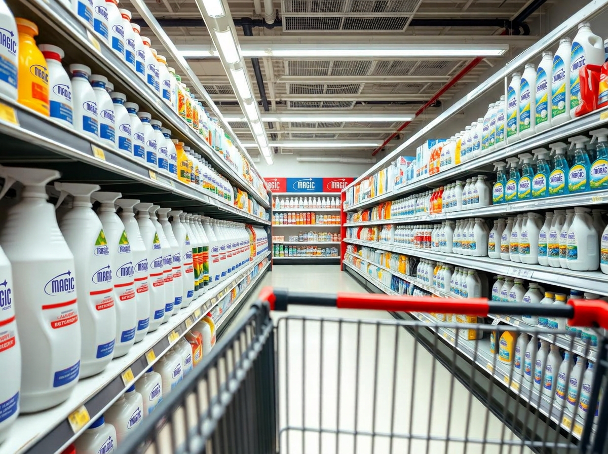 Góndola de supermercado con productos de limpieza